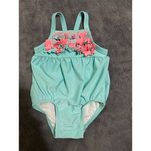 Cat & Jack Baby Girl Aqua Teal/ Pink Floral Swimsuit (Size: 6-9 Months)
